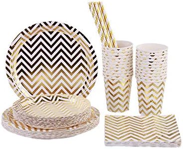 Ottin White and Gold Chevron Guests Disposable Gold and Silver Foil Dots Dinnerware Paper Plates and Napkins Sets for Wedding Birthday Engagement Birdal Shower Baby Shower
