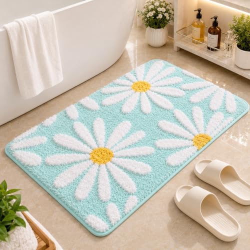 Image of Cotton Floral Door Mat | Water Absorbent, Anti-Skid, Machine Washable Floor Mat | Soft Microfiber Carpet for Home, Living Room & Bedroom | Premium Decorative Mat (Sea Green, Rectangular)