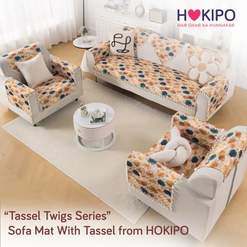 Image of HOKIPO Boho Wildflower Quilted Sofa Cover Mat with Tassels for 1 Seater 'Tassel Twigs' Series (IN-982-T11)