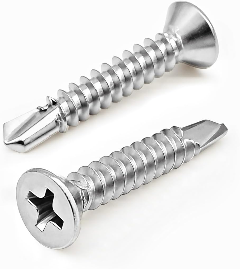 #8 x 3/4" (100 Pack) Flat Head Phillips Drive Sheet Metal Screws, Stainless Steel 410 Self Drilling Screws,Countersun Head Fast Self-Tapping Screws for Metal, Plastic, Wood