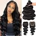 UNice Hair Icenu Series 8a Indian Body Wave Hair 3 Bundles With Lace Closure,100% Unprocessed Human Hair Extensions Weave (16 18 20+14 Free Part Closure)