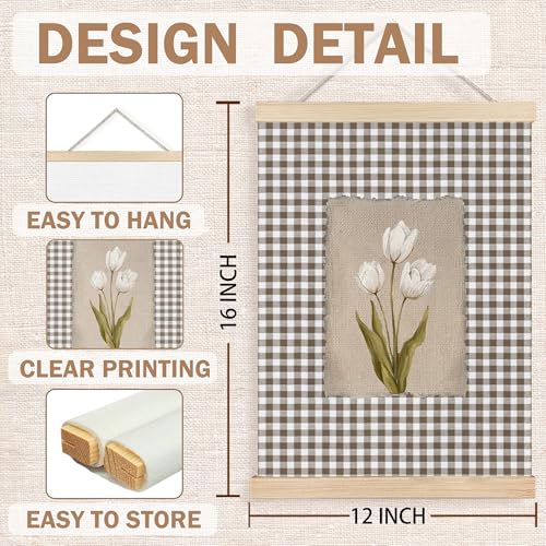 Image of PQKIY Vintage Farmhouse White Tulip Wall Art Poster Hanger Frame 12x16 in, Cottagecore Botanical Flower Brown Gingham Wall Decor Canvas Prints for Home Bedroom Living Room