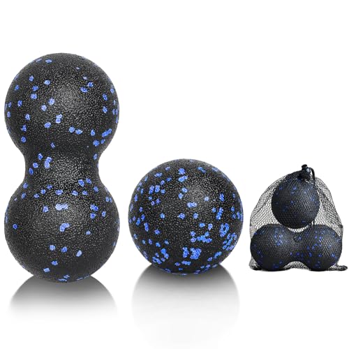 LOPHE Bola de Masaje, 2 Piezas Juego de Bolas Miofasciales, Bola de Masaje de Maní, Rodillo de Masaje, Bola de Masaje Deportivo, Alivia el Dolor Muscular, Punto Negro+Azul