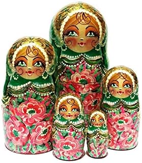 G.Debrekht 140134 5 Piece Russian Matryoshka Wooden Stacking Green Floral Nesting Doll Set