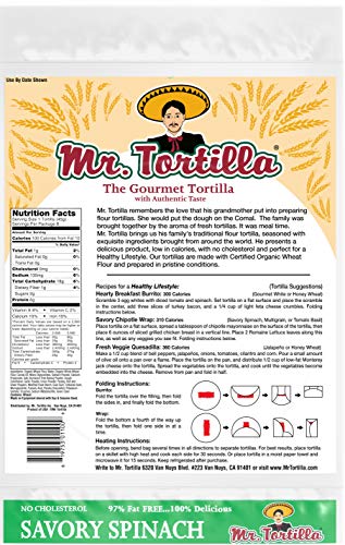 Mr. Tortilla Savory Spinach Tortillas - Fresh Soft Taco Shells - Zero Cholesterol Organic Wheat Flour Burrito Wrap - Herb, Spice, & Vegetable Flavor - Healthy Vegan Thin Food Wraps - 8-Count, 4-Pack - Thumbnail 3
