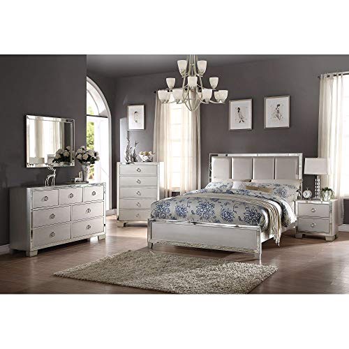 I-Pook Queen Size Platform Bed Frame With Mirrored Headboard And Footboard, Deluxe Pu Upholstered Platform Bed With Platinum Finish & 3 Wood Slats Support Easy Assembly Box Spring Needed, Silver #TOP1