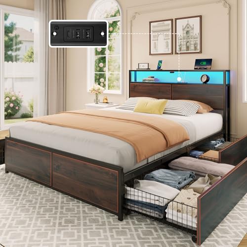 Rolanstar Full Size Bed Frame with 4 Storage Drawers & 2-Tier Storage Headboard, Metal Platform Bed Frame with Charging Station & LED Lights, Noise-Free, No Box Spring Needed, Easy Assembly, Espresso