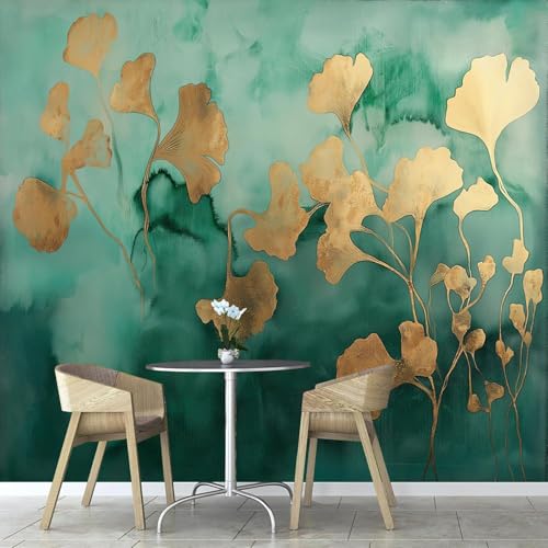 Fotomurales Decorativos Pared Gingko Biloba 3D Mural Autoadhesivo Pared Verde Papel Pintado Tela de Seda Papel Tapiz Panorámico 300x210 cm B-4794