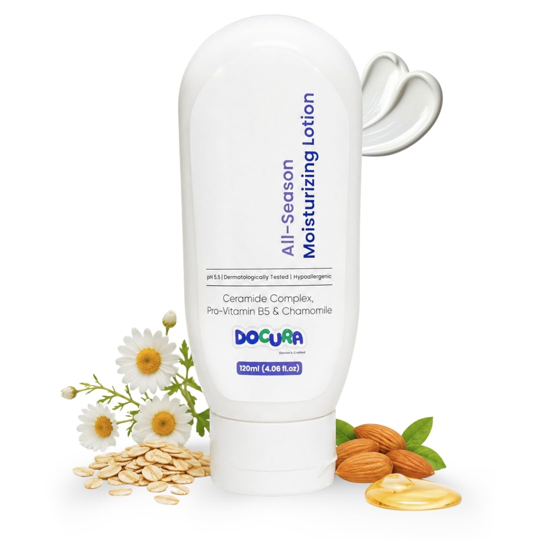 Docura All-Season Moisturizing Lotion 120ml | Ceramide Complex, Pro-Vitamin B5 & Chamomile | pH 5.5 | Long-Lasting Hydration | Smooth & Healthy Looking Skin Care | For Newborns, Kids, Men and Women