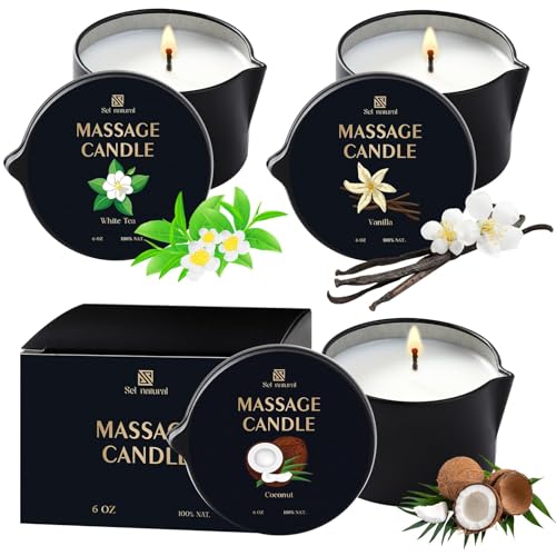 3 Pack Massage Oil Candles-18oz Low Temp Soy Candles 3 Scent Vanilla, White Tea, Coconut Body Oil Relaxing for Massage Therapy Spa Couples Gift