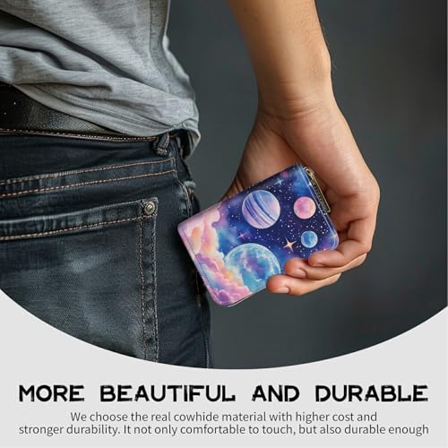Image of Cute Credit Card Holder with Zipper, Pink Starry Planets RFID-Blocking Card Case Small Wallet for Women Men, Multi-slot Card Organizer Case Travel Accordion Wallet