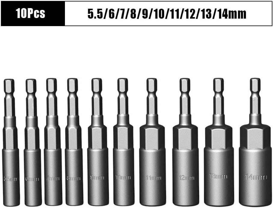 10/15Pcs Length Deepen Impact Socket Adapter 5.5-19mm Power Nut Driver Socket Set 1/4-inch Screwdriver Key Head Hand Tool Set,Silver,10 PCS
