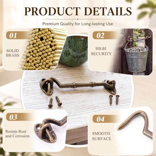 Otoolling 2 Pieces 4.13 Inch Brass Hook and Eye Latch Gate Door Latch Cabin Hook Lock Door Lock Hardware Best for Window, Sliding, Shed, Fence, Gate, Cabinet, Bathroom, Closet (Bronze) - 2