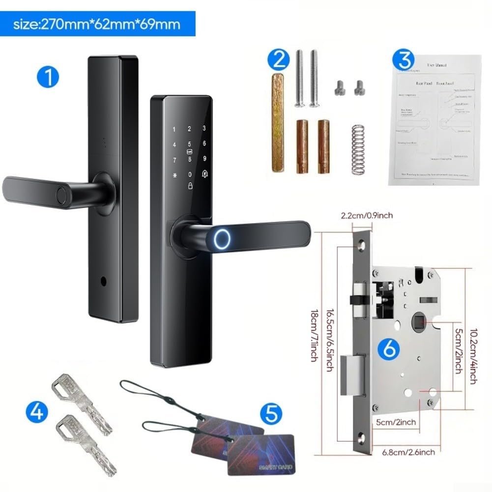 Cerradura de puerta inteligente con mango para control de aplicación TUYA, entrada sin llave 5 en 1 a través de tarjeta IC/código/aplicación, sensor de 360°, verificación dual, para