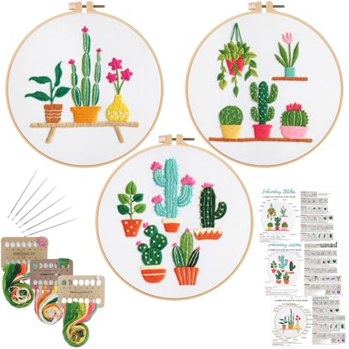 Image of Louise Maelys 3 Sets Cactus Embroidery Kits for Beginners,Cross Stitch Kit for Adults,Crewel Starters Needlepoint with Plants Pattern, Hoop and Instruction