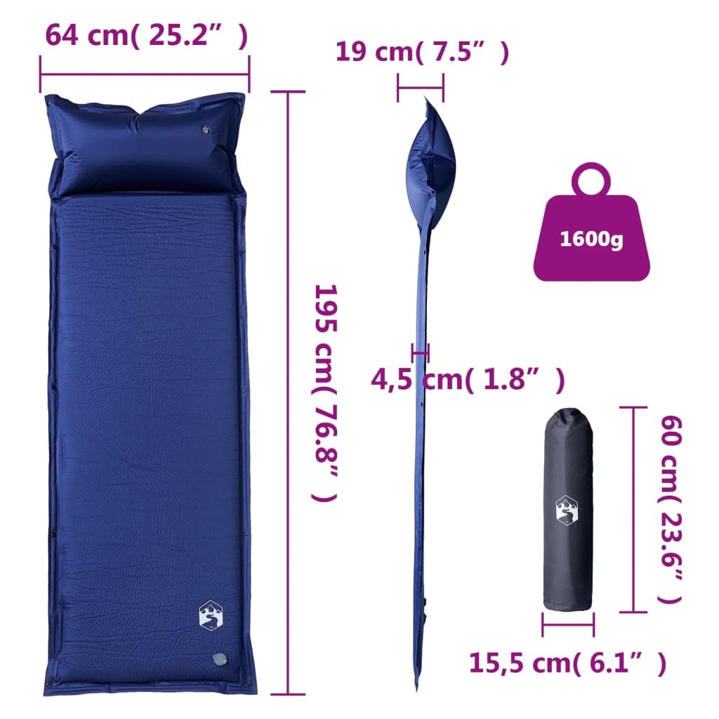 Colchoneta autoinflable con cojín azul marino, 195 x 64 x 4,5 cm, espuma viscoelástica, para acampada al aire libre, senderismo, trekking, plegable, con bolsa de transporte, impermeable
