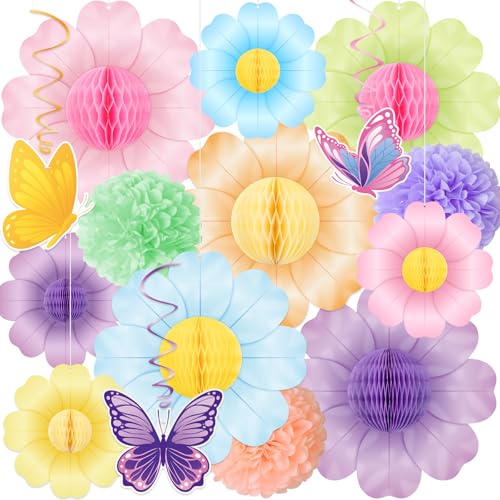 Renbuzhu 15PCS Spring Flower Paper Honeycomb Party Decorations - Pastel Hanging Decor for Birthday Classroom Floral Baby Shower Garden