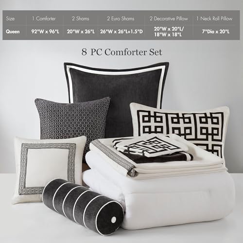 Image of Madison Park Signature Queen Comforter Set Hotel Style Embroidered, Oversized Comforters Queen Size Bed, All Season Down Alternative Overfilled Queen Size Comforter, Jarvis, Queen Black /White 8 Piece