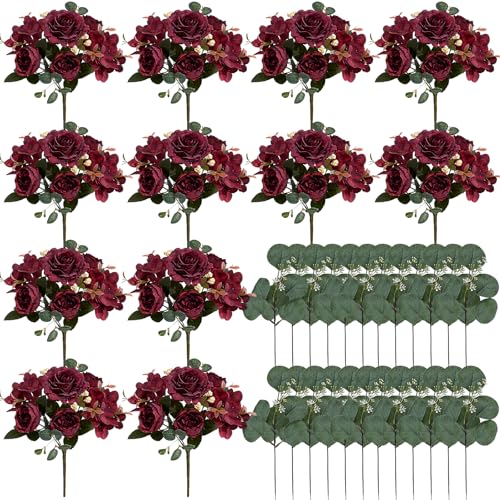 Nagobi Peony Artificial Flowers, Faux Peonies Hydrangea Eucalyptus Bouquet 12 Packs Silk Vintage Realistic Peony Floral Arrangement for Vase Wedding Centerpiece Table Home Party Decor-Burgundy