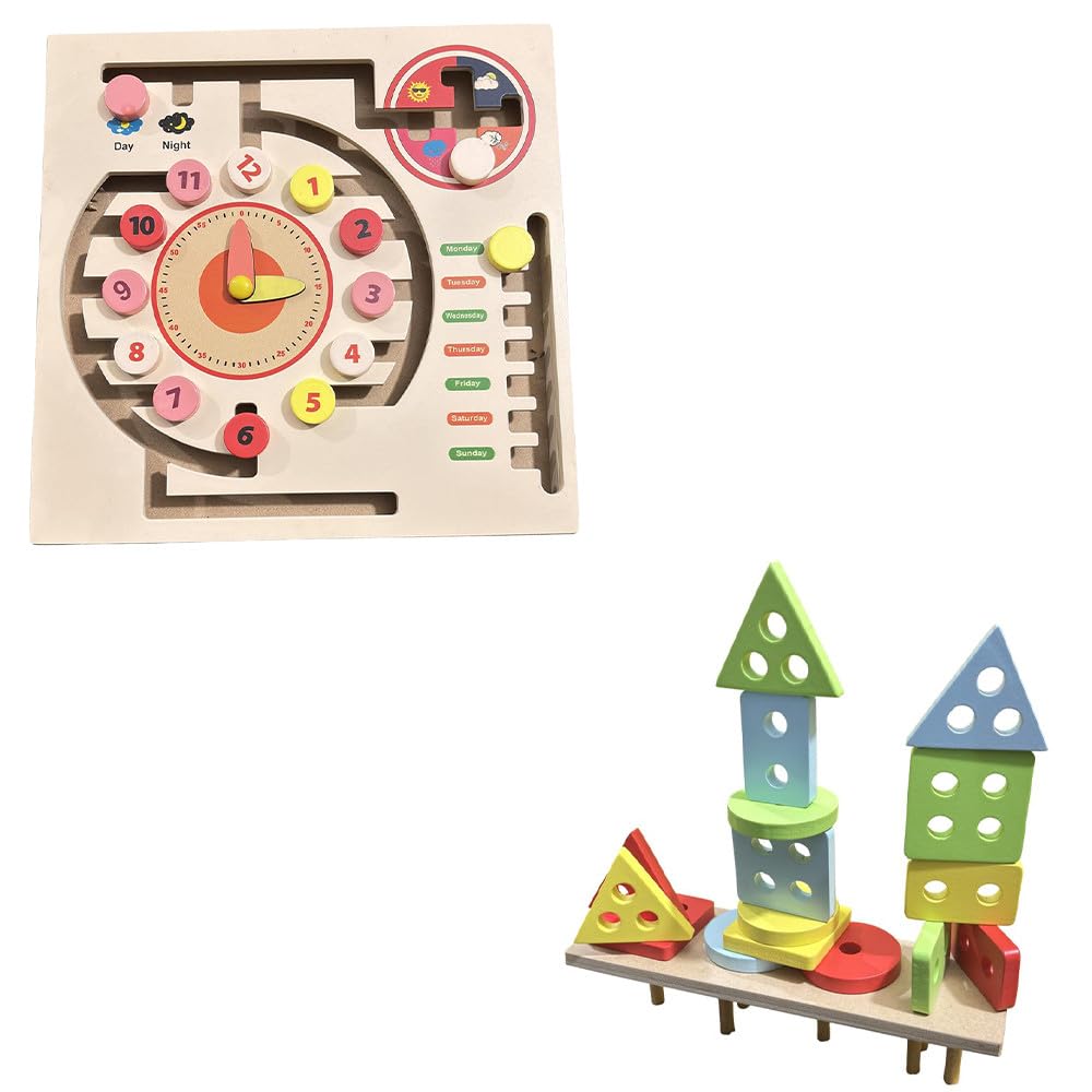 Kinder Creative Maze Game Weather Calendar Clock - Wooden Puzzle for Kids, Interactive Weather & Time Learning, Ages 2+ | Geometrical Column Blocks, Shape Sorting & Stacking | Combo Pack of 2