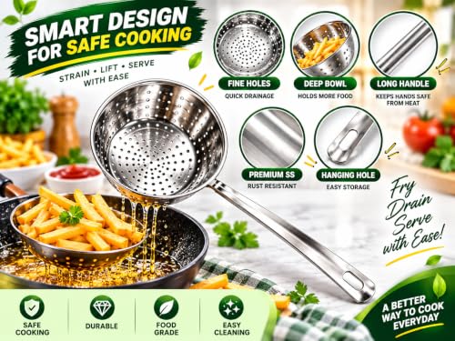 Image of 304 Stainless Steel Cooking Skimmer Jhara with Long Handle, Heavy Duty Spider Strainer Slotted Spoon for Deep Frying, Oil Draining, Pasta, Noodles, Poached, Pakora, Puri & Fries Cooking (Set 1)