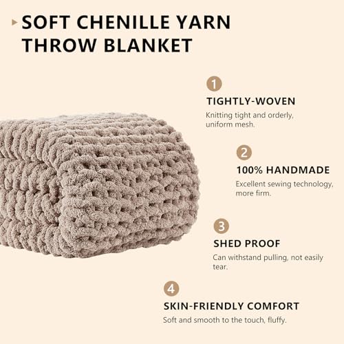 L'AGRATY Chunky Knit Blanket Throw: 72''x84'' Chenille Chunky Knitted Throw Blankets for Bed Couch - Handmade Thick Big Cable Knit Blanket - Large Crochet Rope Blankets for Home Decor(Light Taupe)