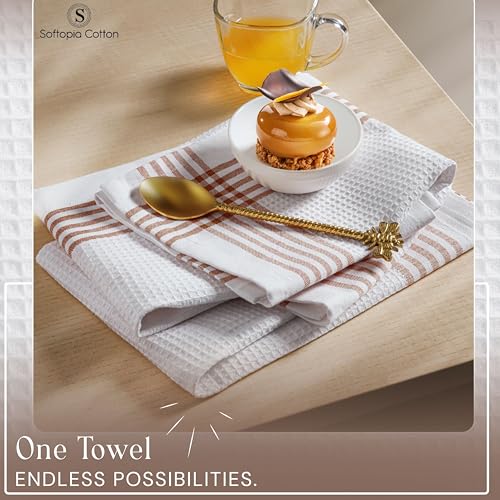 Image of Waffle White & Brown 4 Pack Kitchen Towels Set, 100% Cotton, 16x26 inches, Professional Quality Cleaning Towel for Bar, Home, Restaurant Use, Absorbent Dish Cloths for Drying Dishes