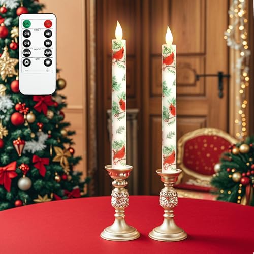 Image of Crystal Club Flameless Taper Candles,Battery Operated LED Candlesticks with Remote, Cardinal Theme Real Wax & Flicker Effect for Christmas Home Festival Decor, Set of 2