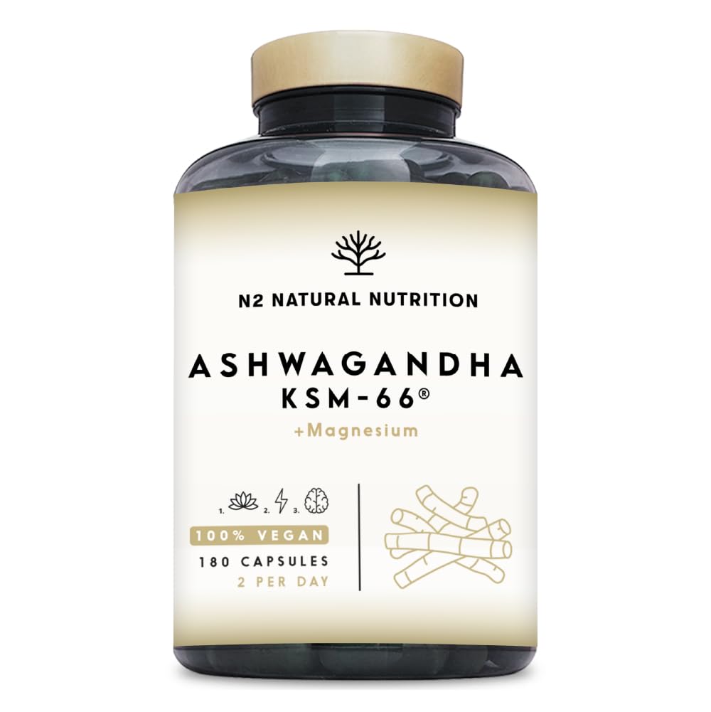 Ashwagandha KSM-66 + Magnesium. 7500 mg Extrakt,180 Kapseln. Mit 5 % Withanoliden, Vegan, laborgeprüft. N2 Natural Nutrition
