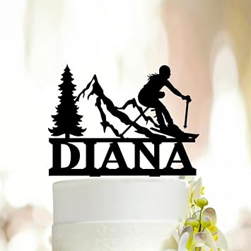 Skier Birthday Cake Topper Personalized Winter Sports Decoration Custom Acrylic Skiing Theme Ornament Happy Birthday Cake Accent Mountain Party Celebration Decor