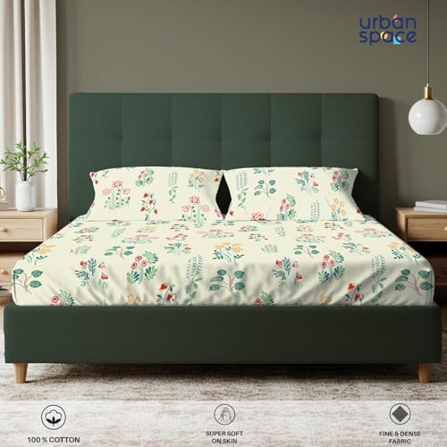Image of Urban Space Serene 100% Cotton King Size Bedsheet, 200 TC Super Soft Bed Sheet for King Size Bed, Floral Design Flatsheet King bedsheet with Two Pillow Covers (108 x 108 Inches, Eden Cream)