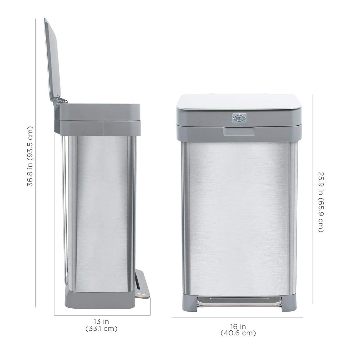 Clorox 13 Gallon Trash Can - 50L Kitchen Trash Can with Wide Step Pedal - Rectangular Stainless Steel Garbage Bin with Hinged Rim and Odor Protection