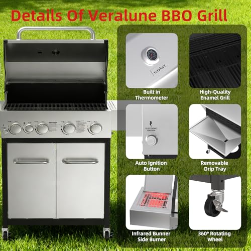 Image of Veralune 4 Burner Gas Grill with Side Burner, 4 Burner Outdoor Cooking Grill with Infrared Side Burner, Outdoor BBQ Grill with Oil Tray, Built-in Thermometer, Enameled Cast Iron Grates, 55,000 BTU