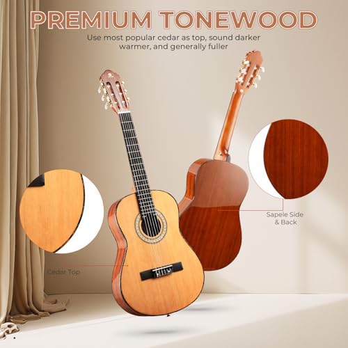 Image of Classical Guitar 36 Inch Junior size Nylon String Guitar Classic Guitarra Bundle with Footstool for Beginners Adults Teens, Cedar Top, by Vangoa