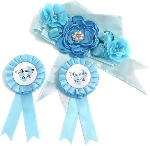 Miniatura 8 de Banda y alfiler rosa para baby shower, banda de maternidad y ramillete de mamá y papá, conjunto de ramillete para niña, cinturón de perlas, flores