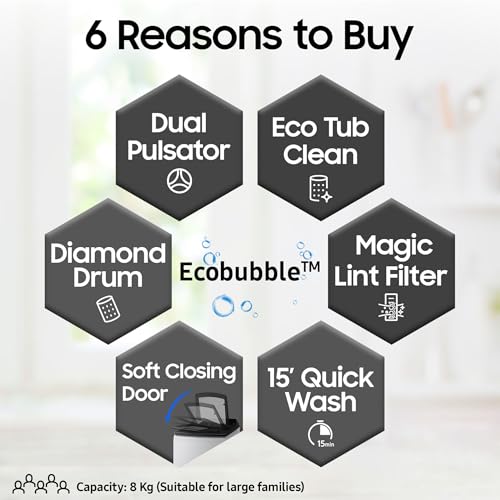 Image of Samsung Smart Choice 8 kg, 5 star, Eco Bubble Tech, Digital Inverter Motor, Soft Closing Door, Fully-Automatic Top Load Washing Machine (WA80BG4441BGTL, Light Gray)