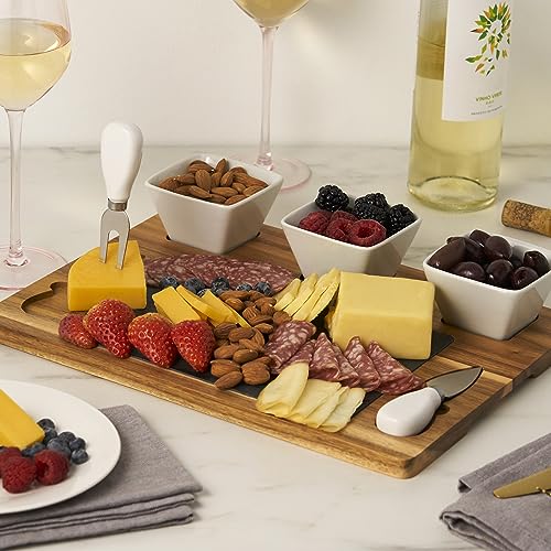 Twine Acacia & Slate Cheese Board Set - Charcuterie Board Bowls and Knives - Slate Cheese Tray Wood Cheese Board - 7-Piece Set of 1, Brown by Twine - Image 4