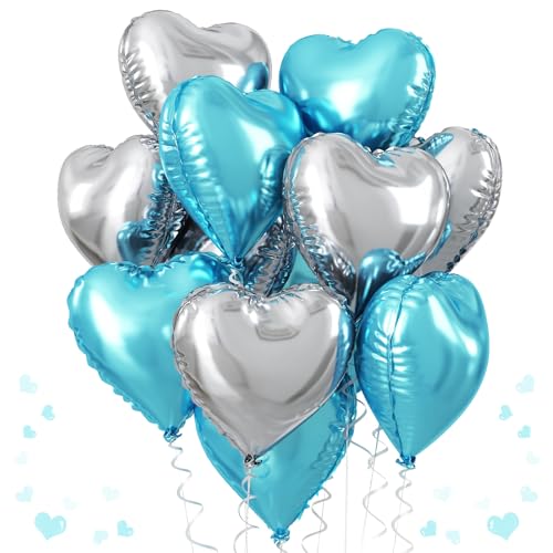 6 Blaue Herz-Folienballons (61 Cm) – Für Geburtstag, Hochzeit, Babyparty – Inkl. Band & Strohhalm