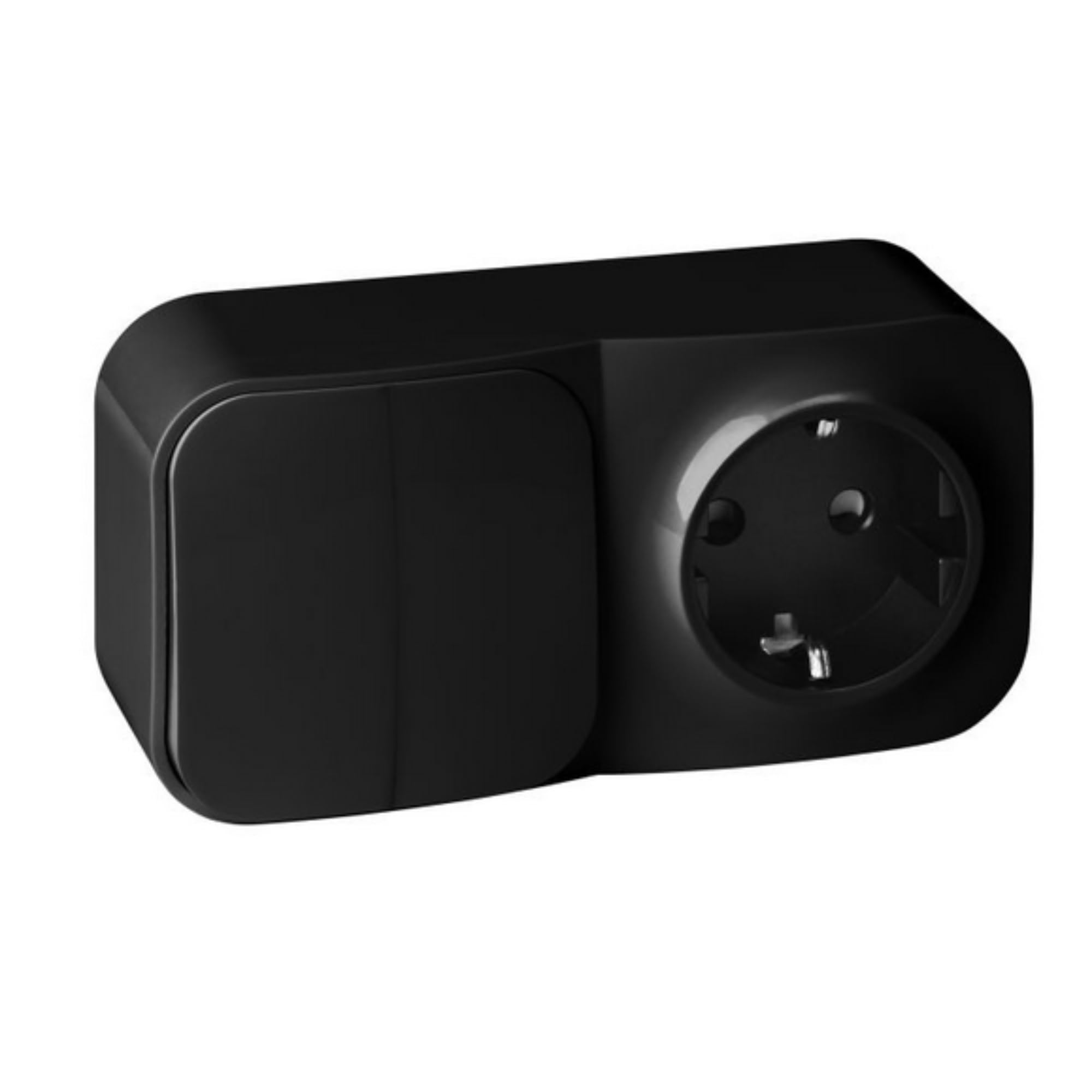 Enchufe con Interruptor – Interruptor de Pared Doble IP20 16A 2P+T Schuko para Uso Interior y Seguridad Eléctrica (Negro)