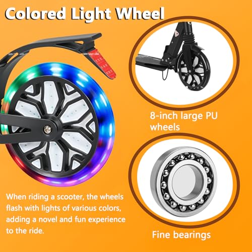 Image of Kick Scooter for Ages 13+, Teens and Adults. Led Light Up Wheels, 4 Levels Adjustable Handlebar, Dual Brakes, Anti-Slip Pedal, Foldable 8in Big Wheels for Kids (300lbs)