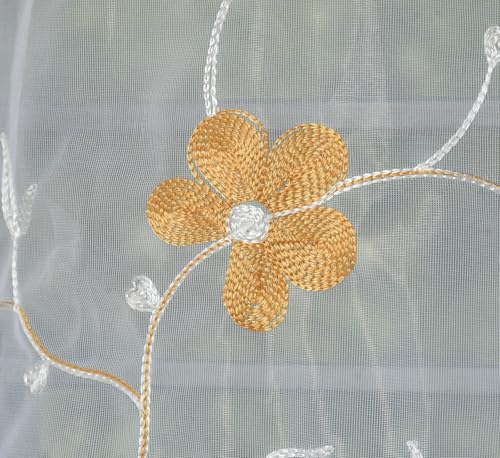 Image of Embroidered Floral Sheer Net Curtain for Window - 5x4 Feet - Transparent Golden Net Curtain - Pack of 1 - Elegant Lightweight Decor for Living Room & Bedroom