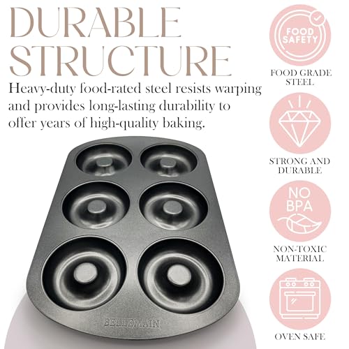 Image of Bellemain Premiere Donut Pan for Baking | Nonstick 12.5 x 8.5 inch Doughnut Pan with 6-Doughnut Molds | Includes 1 Steel Donut Tray | Make Perfect Bagels and Cake Donuts (1-pack)