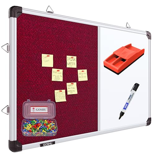 Image of GOSHU Combination 2 feet x3 feet Non Magnetic White Board with Maroon Pin-up Notice Board Includes 1 Duster, 1 Marker and 50 Push up pins for Home, Office & School (Maroon, 2x3 feet, Pack of 4 Items)