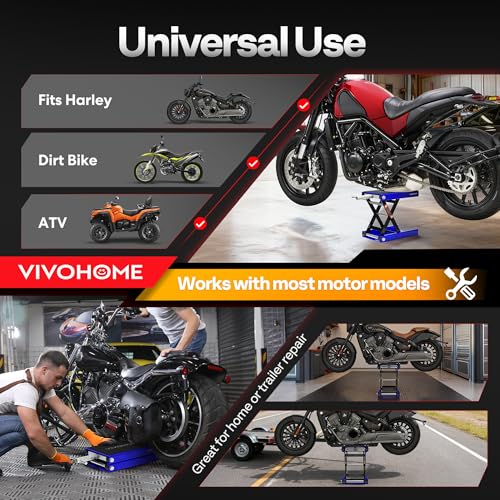 Image of VIVOHOME 1100 LBS Motorcycle Lift Scissor Jack, Wide Deck Hoist Stand, Blue | Height Adjustable Center Stand with Crank, Steel Lift for Cruiser, Dirt Bike, ATV