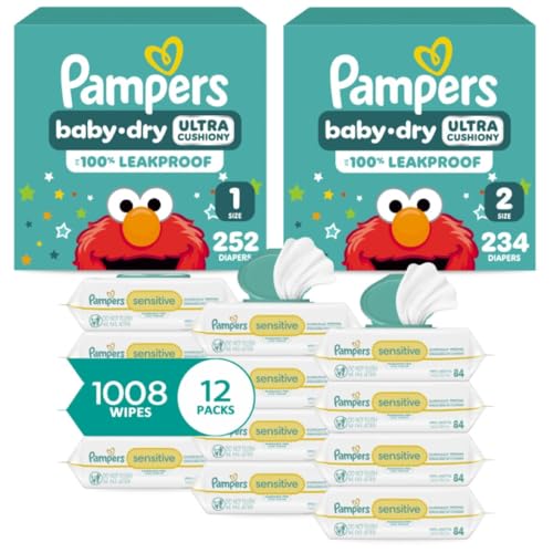 Image of Pampers Baby Dry Disposable Baby Diapers Starter Kit (2 Month Supply), Sizes 1 (252 Count) & 2 (234 Count), with Sensitive Water Based Baby Wipes 12X Multi Pack Pop-Top and Refill (1008 Count)