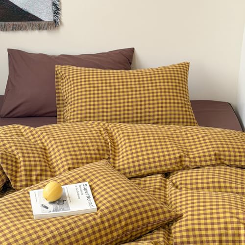 Image of Plaid Duvet Cover Twin Size Yellow Brown Gingham Bedding Set Farmhouse Buffalo Grid Checkered Duvet Cover Set Soft Lightweight Microfiber Quilt Cover with Zipper Closure and 1 Pillowcase