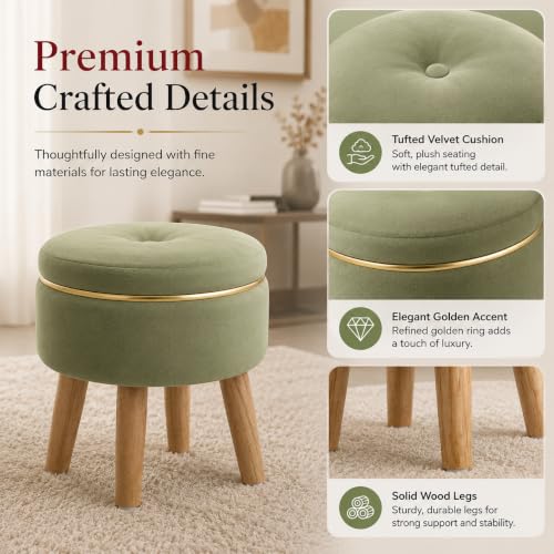Image of Ottoman Stool for Living Room Foot Rest | Velvet Small Ottoman Foot Stool | Solid Wood Legs | Footstool Puffy for Home, Bedroom & Makeup Table | 30 x 30 cm (12 x 12 Inch) | Light Green