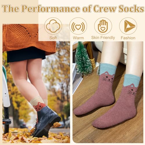 Image of 5 Pairs Wool Socks for Women, Winter Warm Cute Cat Crew Socks