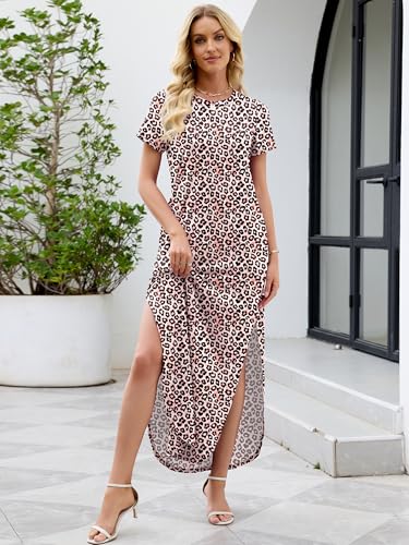 Image of Heymoments Womens Summer Maxi Dress Short Sleeve Casual Loose Long T Shirt Split Vacation Beach Sundress with Pockets