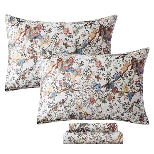 Image of FADFAY Sheets Set King Botanical Bird Floral Bed Sheets Set Vintage Mocha Mousse Farmhouse Bedding Shabby Branches Bedding 100% Egyptian Cotton Breathable Soft 17.7 inch Deep Pocket 4Pcs, King Size
